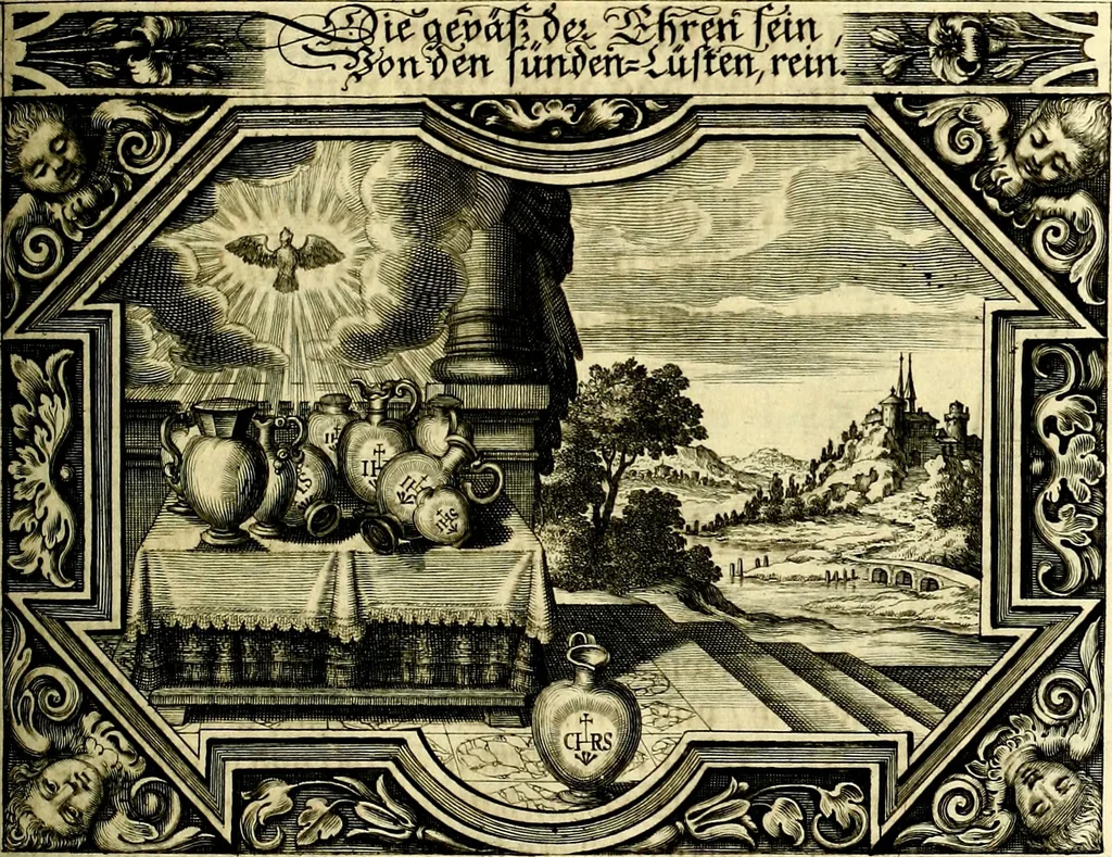 An illustration from Heilig-epistolischer Bericht, Licht, Geleit, und Freud. Das ist : Emblematische Fürstllung der heiligen Sonn- und festtäglichen Episteln; in welcher gründlicher Bericht von den rechten Wort-Verstand ertheilet, dem wahren Christenthum ein helles licht furgetragen, und ein sicheres Geleit mit beigefügten Gebeten und Gesängen zu der himmlischen Freude gezeiget wird, 1663, leaf 160
