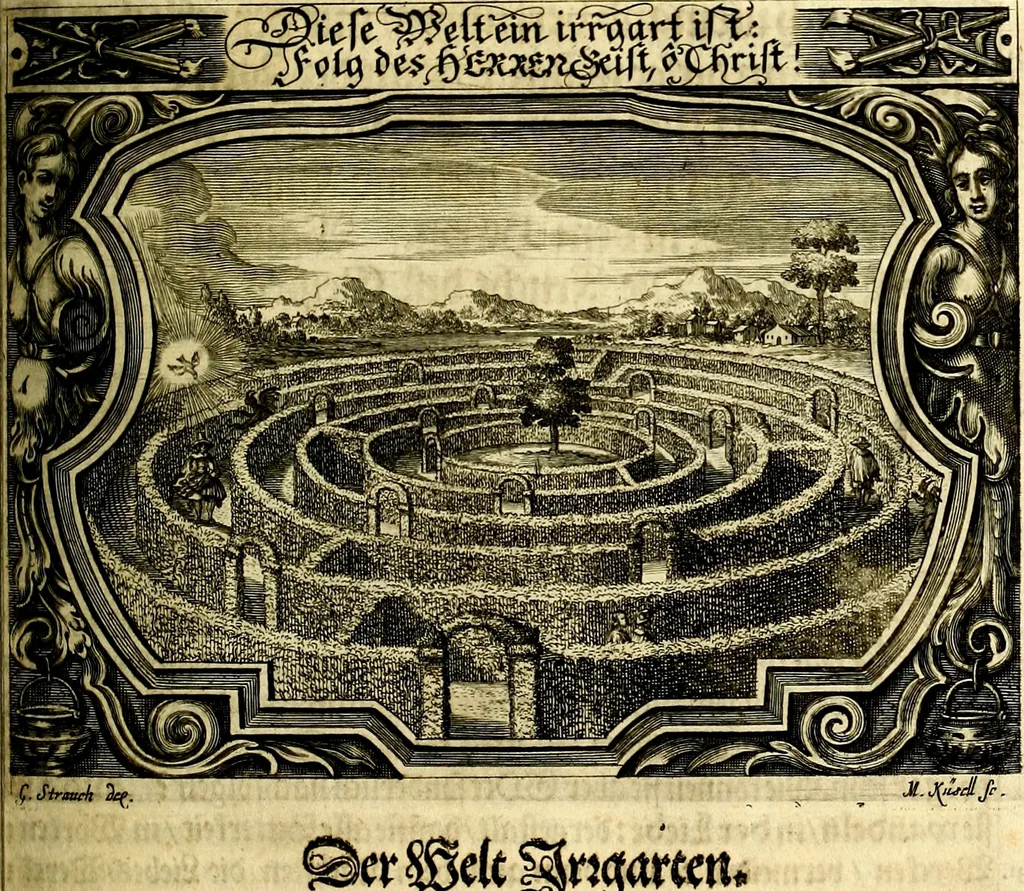 An illustration from Heilig-epistolischer Bericht, Licht, Geleit, und Freud. Das ist : Emblematische Fürstllung der heiligen Sonn- und festtäglichen Episteln; in welcher gründlicher Bericht von den rechten Wort-Verstand ertheilet, dem wahren Christenthum ein helles licht furgetragen, und ein sicheres Geleit mit beigefügten Gebeten und Gesängen zu der himmlischen Freude gezeiget wird, 1663, leaf 168
