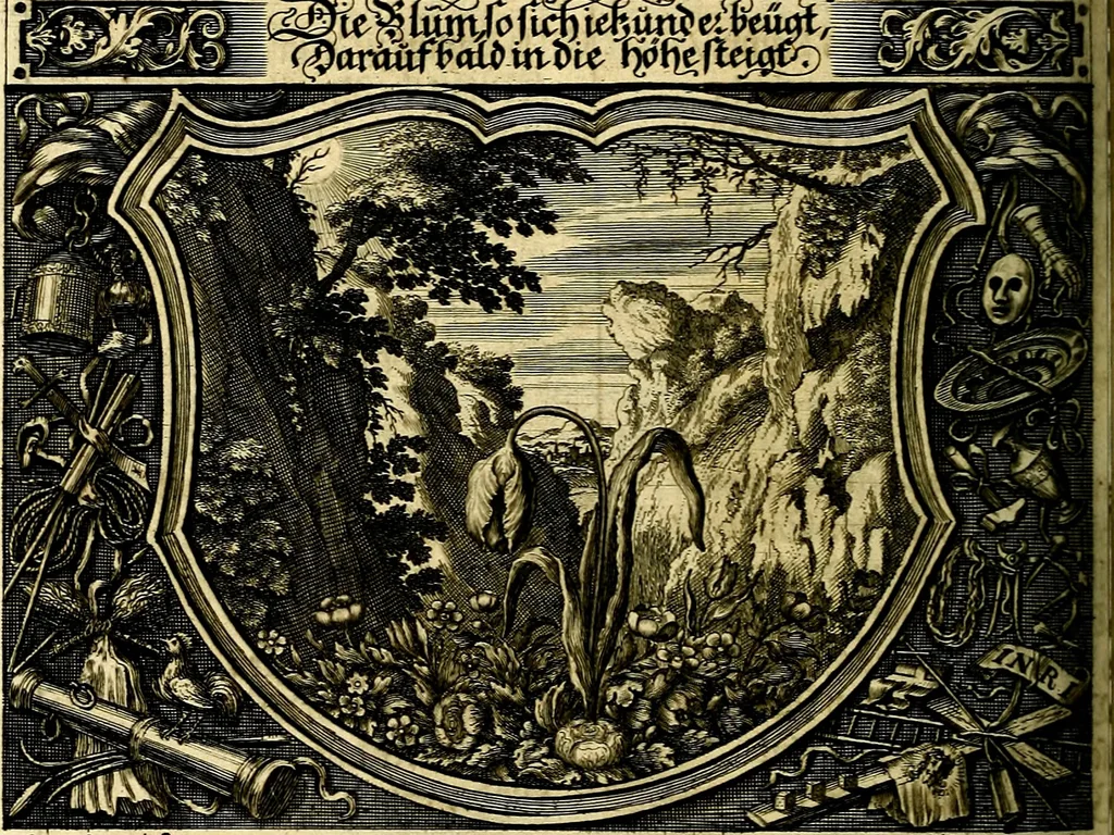 An illustration from Heilig-epistolischer Bericht, Licht, Geleit, und Freud. Das ist : Emblematische Fürstllung der heiligen Sonn- und festtäglichen Episteln; in welcher gründlicher Bericht von den rechten Wort-Verstand ertheilet, dem wahren Christenthum ein helles licht furgetragen, und ein sicheres Geleit mit beigefügten Gebeten und Gesängen zu der himmlischen Freude gezeiget wird, 1663, leaf 185