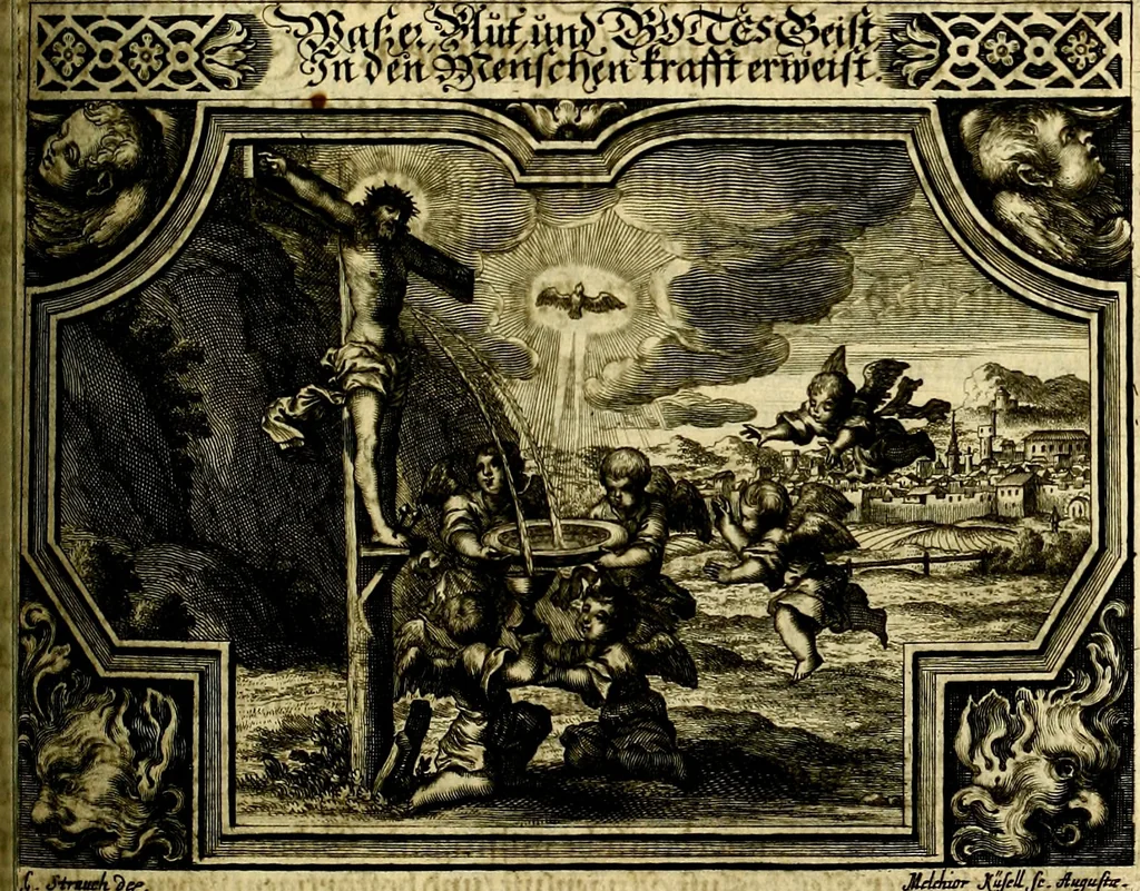 An illustration from Heilig-epistolischer Bericht, Licht, Geleit, und Freud. Das ist : Emblematische Fürstllung der heiligen Sonn- und festtäglichen Episteln; in welcher gründlicher Bericht von den rechten Wort-Verstand ertheilet, dem wahren Christenthum ein helles licht furgetragen, und ein sicheres Geleit mit beigefügten Gebeten und Gesängen zu der himmlischen Freude gezeiget wird, 1663, leaf 202