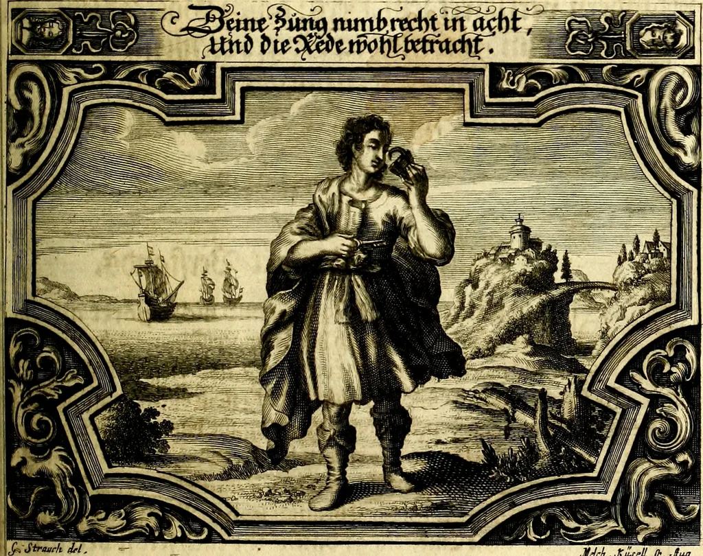 An illustration from Heilig-epistolischer Bericht, Licht, Geleit, und Freud. Das ist : Emblematische Fürstllung der heiligen Sonn- und festtäglichen Episteln; in welcher gründlicher Bericht von den rechten Wort-Verstand ertheilet, dem wahren Christenthum ein helles licht furgetragen, und ein sicheres Geleit mit beigefügten Gebeten und Gesängen zu der himmlischen Freude gezeiget wird, 1663, leaf 232