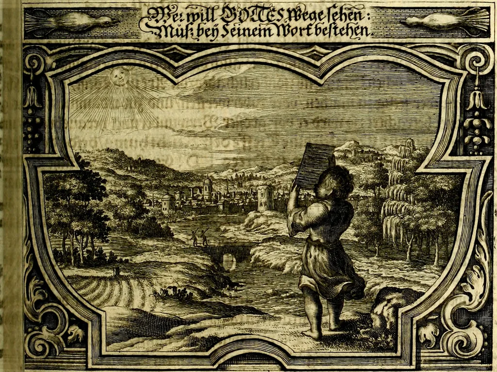 An illustration from Heilig-epistolischer Bericht, Licht, Geleit, und Freud. Das ist : Emblematische Fürstllung der heiligen Sonn- und festtäglichen Episteln; in welcher gründlicher Bericht von den rechten Wort-Verstand ertheilet, dem wahren Christenthum ein helles licht furgetragen, und ein sicheres Geleit mit beigefügten Gebeten und Gesängen zu der himmlischen Freude gezeiget wird, 1663, leaf 254