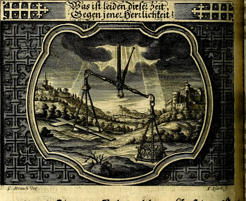 An illustration from Heilig-epistolischer Bericht, Licht, Geleit, und Freud. Das ist : Emblematische Fürstllung der heiligen Sonn- und festtäglichen Episteln; in welcher gründlicher Bericht von den rechten Wort-Verstand ertheilet, dem wahren Christenthum ein helles licht furgetragen, und ein sicheres Geleit mit beigefügten Gebeten und Gesängen zu der himmlischen Freude gezeiget wird, 1663, leaf 291