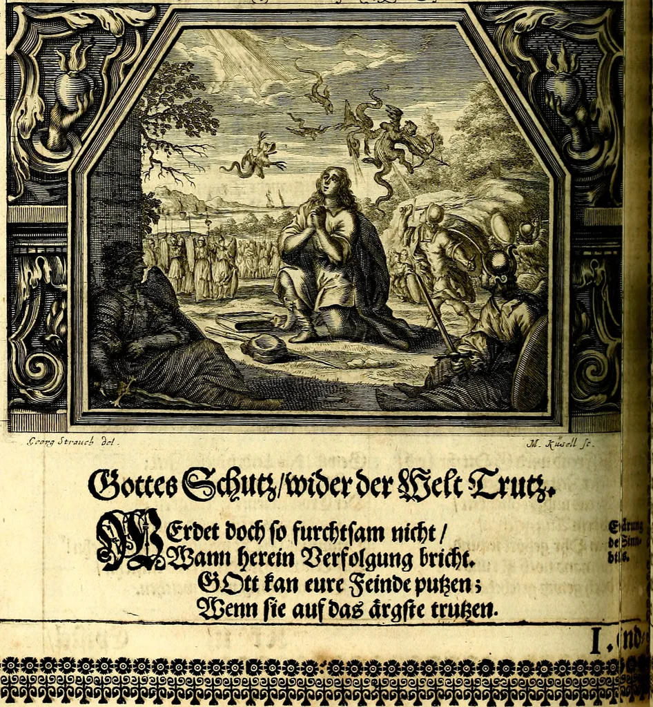 An illustration from Heilig-epistolischer Bericht, Licht, Geleit, und Freud. Das ist : Emblematische Fürstllung der heiligen Sonn- und festtäglichen Episteln; in welcher gründlicher Bericht von den rechten Wort-Verstand ertheilet, dem wahren Christenthum ein helles licht furgetragen, und ein sicheres Geleit mit beigefügten Gebeten und Gesängen zu der himmlischen Freude gezeiget wird, 1663, leaf 299