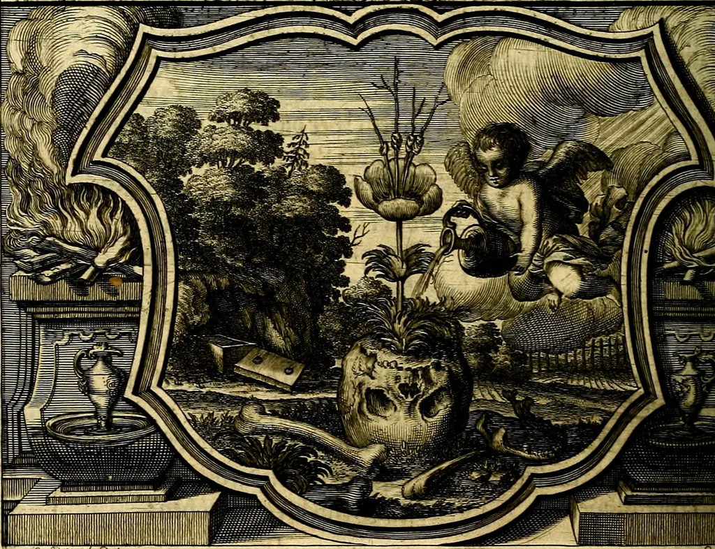 An illustration from Heilig-epistolischer Bericht, Licht, Geleit, und Freud. Das ist : Emblematische Fürstllung der heiligen Sonn- und festtäglichen Episteln; in welcher gründlicher Bericht von den rechten Wort-Verstand ertheilet, dem wahren Christenthum ein helles licht furgetragen, und ein sicheres Geleit mit beigefügten Gebeten und Gesängen zu der himmlischen Freude gezeiget wird, 1663, leaf 309