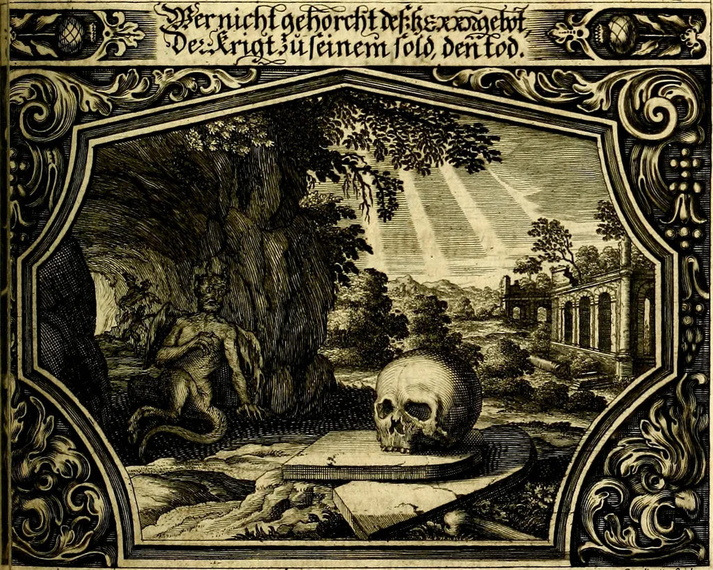 An illustration from Heilig-epistolischer Bericht, Licht, Geleit, und Freud. Das ist : Emblematische Fürstllung der heiligen Sonn- und festtäglichen Episteln; in welcher gründlicher Bericht von den rechten Wort-Verstand ertheilet, dem wahren Christenthum ein helles licht furgetragen, und ein sicheres Geleit mit beigefügten Gebeten und Gesängen zu der himmlischen Freude gezeiget wird, 1663, leaf 318