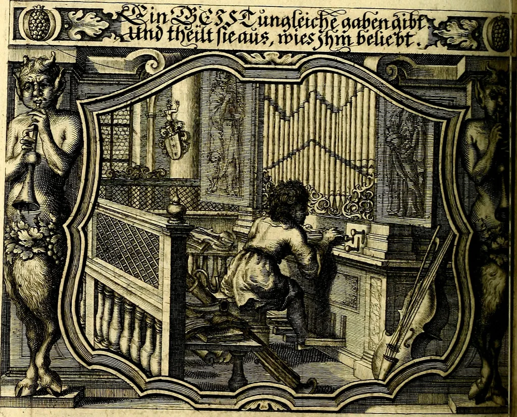 An illustration from Heilig-epistolischer Bericht, Licht, Geleit, und Freud. Das ist : Emblematische Fürstllung der heiligen Sonn- und festtäglichen Episteln; in welcher gründlicher Bericht von den rechten Wort-Verstand ertheilet, dem wahren Christenthum ein helles licht furgetragen, und ein sicheres Geleit mit beigefügten Gebeten und Gesängen zu der himmlischen Freude gezeiget wird, 1663, leaf 345