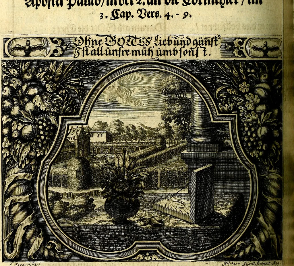 An illustration from Heilig-epistolischer Bericht, Licht, Geleit, und Freud. Das ist : Emblematische Fürstllung der heiligen Sonn- und festtäglichen Episteln; in welcher gründlicher Bericht von den rechten Wort-Verstand ertheilet, dem wahren Christenthum ein helles licht furgetragen, und ein sicheres Geleit mit beigefügten Gebeten und Gesängen zu der himmlischen Freude gezeiget wird, 1663, leaf 361