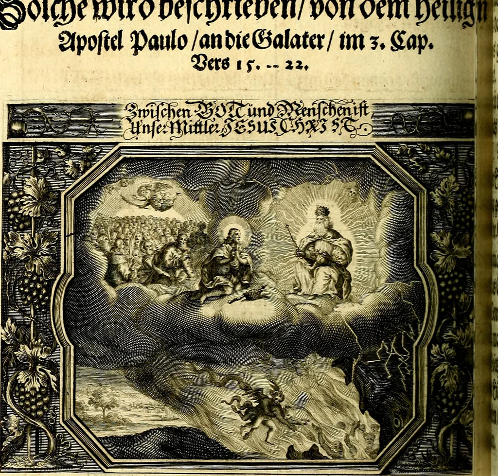 An illustration from Heilig-epistolischer Bericht, Licht, Geleit, und Freud. Das ist : Emblematische Fürstllung der heiligen Sonn- und festtäglichen Episteln; in welcher gründlicher Bericht von den rechten Wort-Verstand ertheilet, dem wahren Christenthum ein helles licht furgetragen, und ein sicheres Geleit mit beigefügten Gebeten und Gesängen zu der himmlischen Freude gezeiget wird, 1663, leaf 367