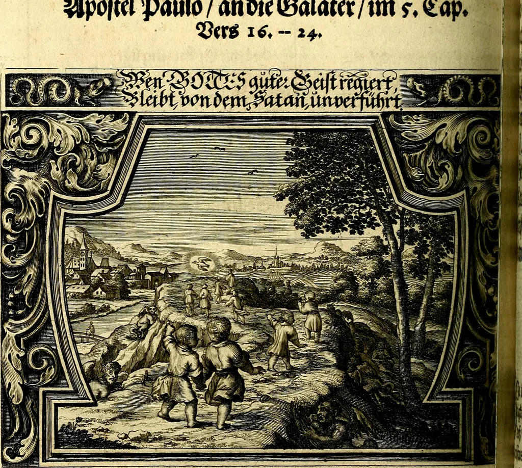 An illustration from Heilig-epistolischer Bericht, Licht, Geleit, und Freud. Das ist : Emblematische Fürstllung der heiligen Sonn- und festtäglichen Episteln; in welcher gründlicher Bericht von den rechten Wort-Verstand ertheilet, dem wahren Christenthum ein helles licht furgetragen, und ein sicheres Geleit mit beigefügten Gebeten und Gesängen zu der himmlischen Freude gezeiget wird, 1663, leaf 373
