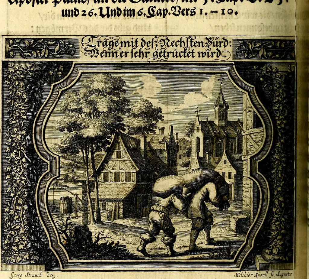 An illustration from Heilig-epistolischer Bericht, Licht, Geleit, und Freud. Das ist : Emblematische Fürstllung der heiligen Sonn- und festtäglichen Episteln; in welcher gründlicher Bericht von den rechten Wort-Verstand ertheilet, dem wahren Christenthum ein helles licht furgetragen, und ein sicheres Geleit mit beigefügten Gebeten und Gesängen zu der himmlischen Freude gezeiget wird, 1663, leaf 379