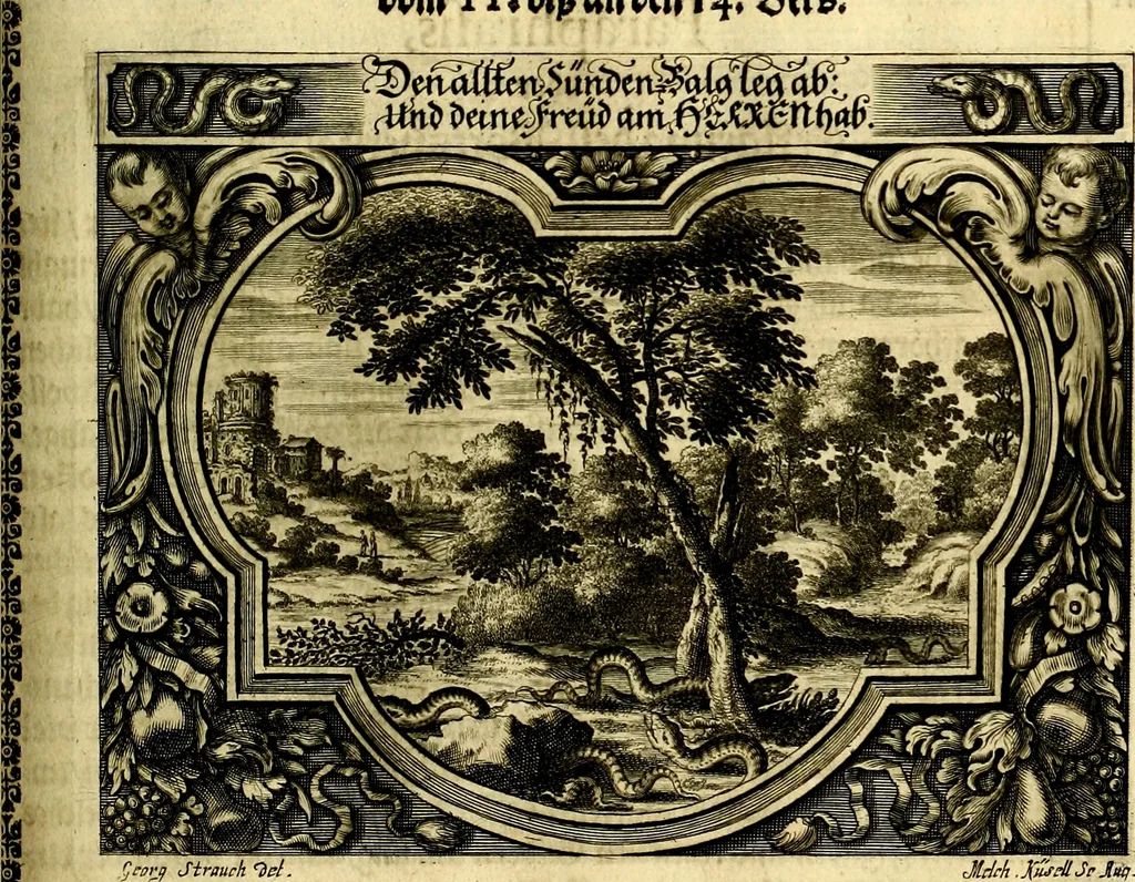 An illustration from Heilig-epistolischer Bericht, Licht, Geleit, und Freud. Das ist : Emblematische Fürstllung der heiligen Sonn- und festtäglichen Episteln; in welcher gründlicher Bericht von den rechten Wort-Verstand ertheilet, dem wahren Christenthum ein helles licht furgetragen, und ein sicheres Geleit mit beigefügten Gebeten und Gesängen zu der himmlischen Freude gezeiget wird, 1663, leaf 38