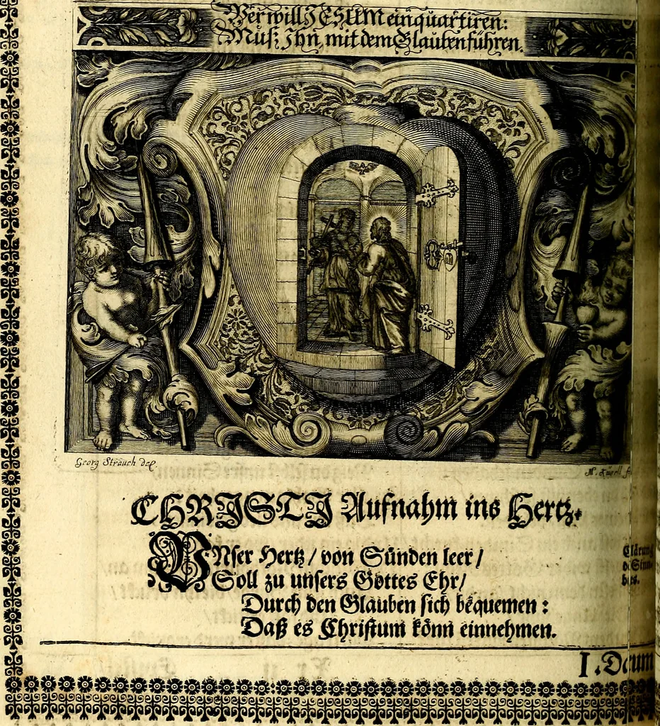 An illustration from Heilig-epistolischer Bericht, Licht, Geleit, und Freud. Das ist : Emblematische Fürstllung der heiligen Sonn- und festtäglichen Episteln; in welcher gründlicher Bericht von den rechten Wort-Verstand ertheilet, dem wahren Christenthum ein helles licht furgetragen, und ein sicheres Geleit mit beigefügten Gebeten und Gesängen zu der himmlischen Freude gezeiget wird, 1663, leaf 385