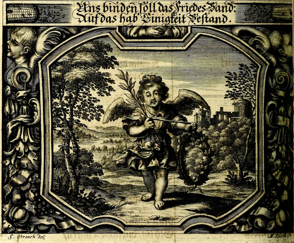 An illustration from Heilig-epistolischer Bericht, Licht, Geleit, und Freud. Das ist : Emblematische Fürstllung der heiligen Sonn- und festtäglichen Episteln; in welcher gründlicher Bericht von den rechten Wort-Verstand ertheilet, dem wahren Christenthum ein helles licht furgetragen, und ein sicheres Geleit mit beigefügten Gebeten und Gesängen zu der himmlischen Freude gezeiget wird, 1663, leaf 391