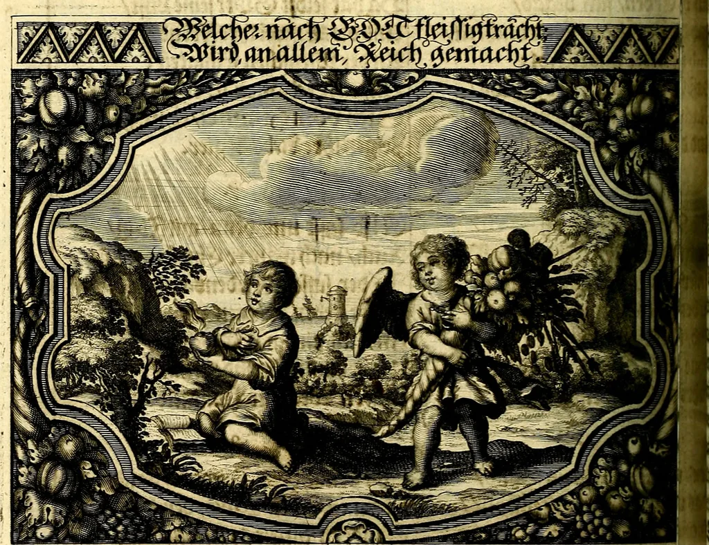 An illustration from Heilig-epistolischer Bericht, Licht, Geleit, und Freud. Das ist : Emblematische Fürstllung der heiligen Sonn- und festtäglichen Episteln; in welcher gründlicher Bericht von den rechten Wort-Verstand ertheilet, dem wahren Christenthum ein helles licht furgetragen, und ein sicheres Geleit mit beigefügten Gebeten und Gesängen zu der himmlischen Freude gezeiget wird, 1663, leaf 397