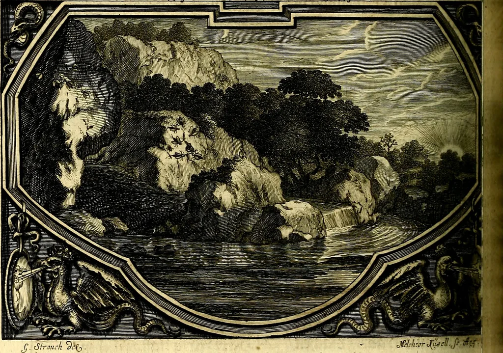 An illustration from Heilig-epistolischer Bericht, Licht, Geleit, und Freud. Das ist : Emblematische Fürstllung der heiligen Sonn- und festtäglichen Episteln; in welcher gründlicher Bericht von den rechten Wort-Verstand ertheilet, dem wahren Christenthum ein helles licht furgetragen, und ein sicheres Geleit mit beigefügten Gebeten und Gesängen zu der himmlischen Freude gezeiget wird, 1663, leaf 403