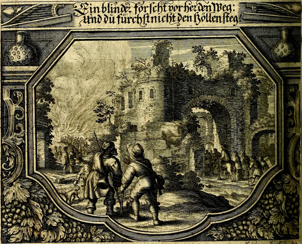 An illustration from Heilig-epistolischer Bericht, Licht, Geleit, und Freud. Das ist : Emblematische Fürstllung der heiligen Sonn- und festtäglichen Episteln; in welcher gründlicher Bericht von den rechten Wort-Verstand ertheilet, dem wahren Christenthum ein helles licht furgetragen, und ein sicheres Geleit mit beigefügten Gebeten und Gesängen zu der himmlischen Freude gezeiget wird, 1663, leaf 409