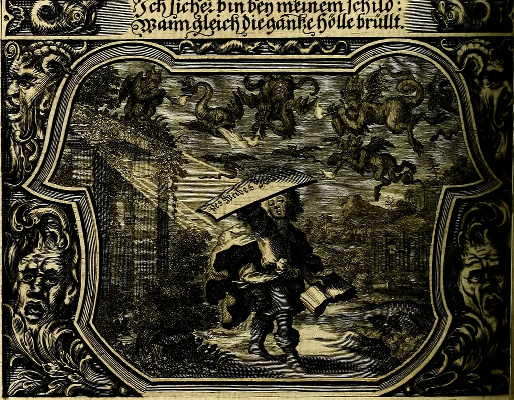 An illustration from Heilig-epistolischer Bericht, Licht, Geleit, und Freud. Das ist : Emblematische Fürstllung der heiligen Sonn- und festtäglichen Episteln; in welcher gründlicher Bericht von den rechten Wort-Verstand ertheilet, dem wahren Christenthum ein helles licht furgetragen, und ein sicheres Geleit mit beigefügten Gebeten und Gesängen zu der himmlischen Freude gezeiget wird, 1663, leaf 415