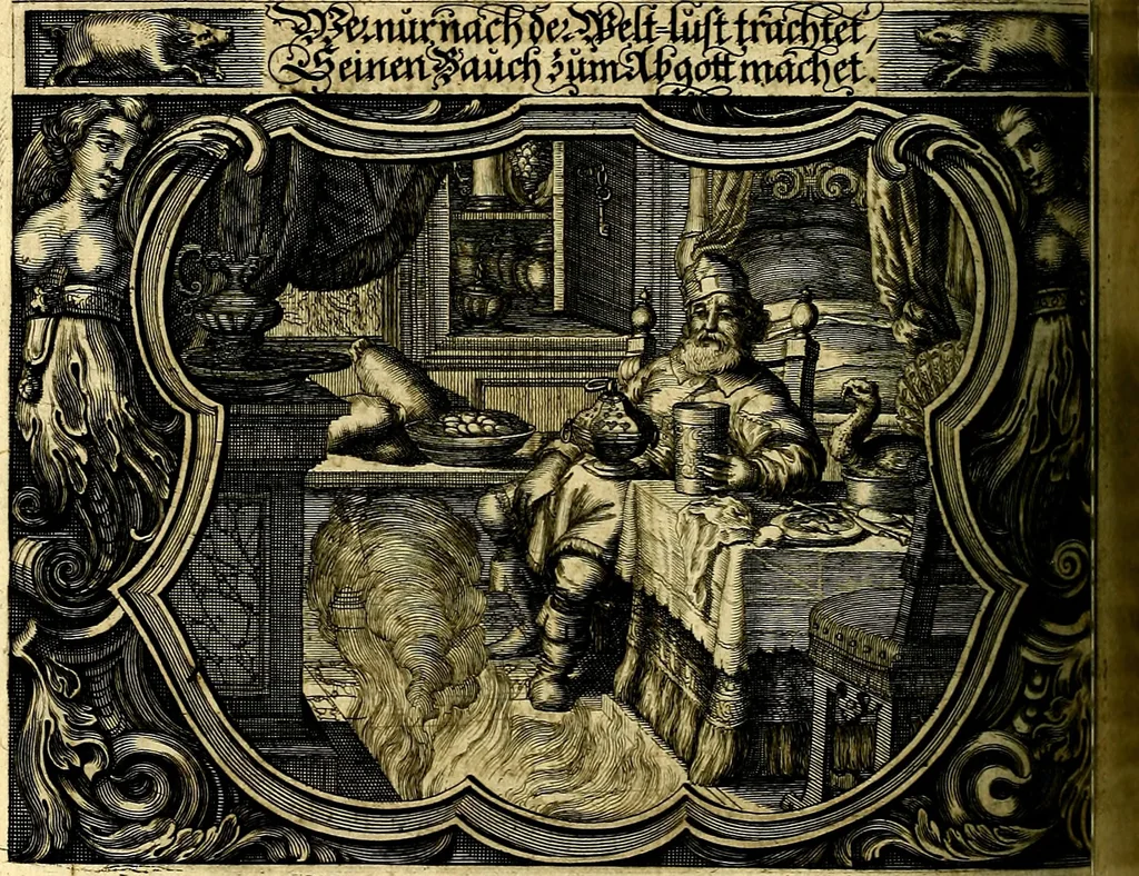 An illustration from Heilig-epistolischer Bericht, Licht, Geleit, und Freud. Das ist : Emblematische Fürstllung der heiligen Sonn- und festtäglichen Episteln; in welcher gründlicher Bericht von den rechten Wort-Verstand ertheilet, dem wahren Christenthum ein helles licht furgetragen, und ein sicheres Geleit mit beigefügten Gebeten und Gesängen zu der himmlischen Freude gezeiget wird, 1663, leaf 427