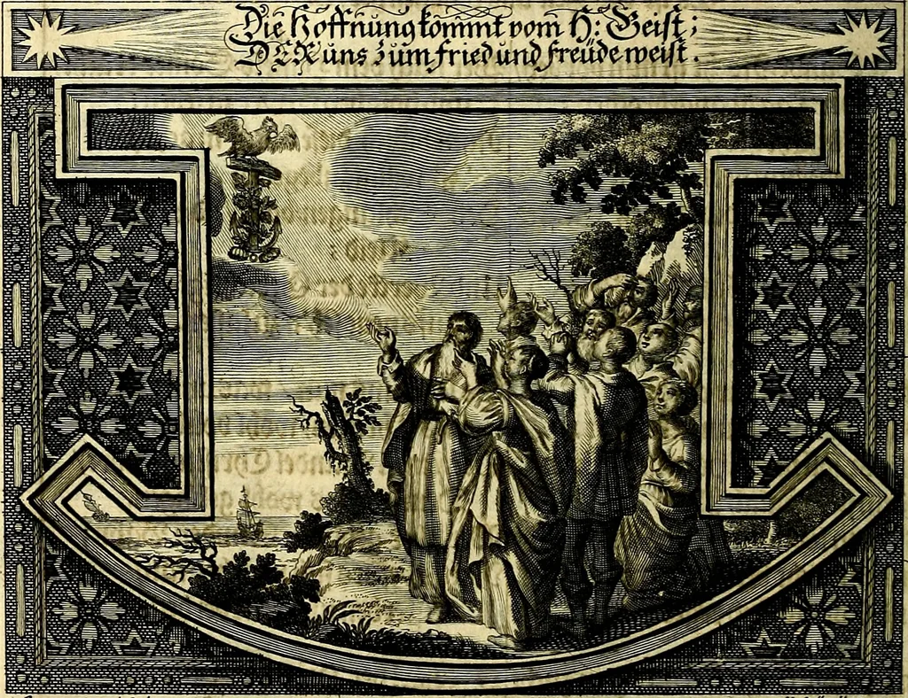 An illustration from Heilig-epistolischer Bericht, Licht, Geleit, und Freud. Das ist : Emblematische Fürstllung der heiligen Sonn- und festtäglichen Episteln; in welcher gründlicher Bericht von den rechten Wort-Verstand ertheilet, dem wahren Christenthum ein helles licht furgetragen, und ein sicheres Geleit mit beigefügten Gebeten und Gesängen zu der himmlischen Freude gezeiget wird, 1663, leaf 43