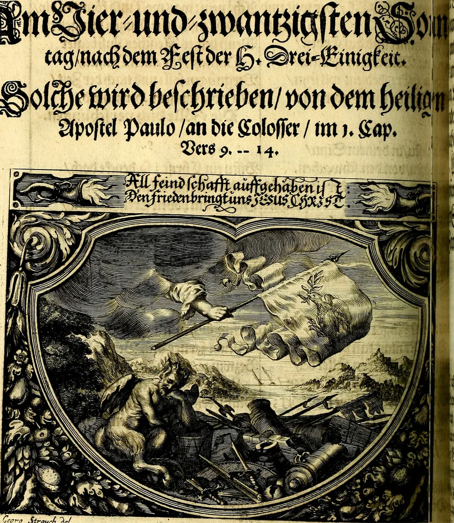 An illustration from Heilig-epistolischer Bericht, Licht, Geleit, und Freud. Das ist : Emblematische Fürstllung der heiligen Sonn- und festtäglichen Episteln; in welcher gründlicher Bericht von den rechten Wort-Verstand ertheilet, dem wahren Christenthum ein helles licht furgetragen, und ein sicheres Geleit mit beigefügten Gebeten und Gesängen zu der himmlischen Freude gezeiget wird, 1663, leaf 433
