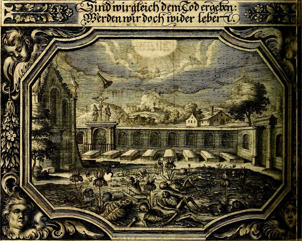 An illustration from Heilig-epistolischer Bericht, Licht, Geleit, und Freud. Das ist : Emblematische Fürstllung der heiligen Sonn- und festtäglichen Episteln; in welcher gründlicher Bericht von den rechten Wort-Verstand ertheilet, dem wahren Christenthum ein helles licht furgetragen, und ein sicheres Geleit mit beigefügten Gebeten und Gesängen zu der himmlischen Freude gezeiget wird, 1663, leaf 439