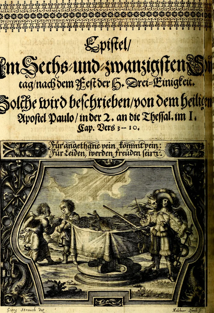 An illustration from Heilig-epistolischer Bericht, Licht, Geleit, und Freud. Das ist : Emblematische Fürstllung der heiligen Sonn- und festtäglichen Episteln; in welcher gründlicher Bericht von den rechten Wort-Verstand ertheilet, dem wahren Christenthum ein helles licht furgetragen, und ein sicheres Geleit mit beigefügten Gebeten und Gesängen zu der himmlischen Freude gezeiget wird, 1663, leaf 445