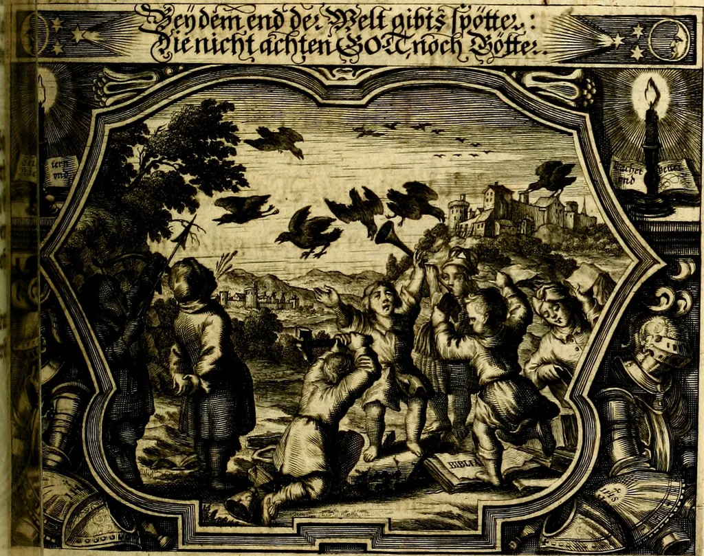 An illustration from Heilig-epistolischer Bericht, Licht, Geleit, und Freud. Das ist : Emblematische Fürstllung der heiligen Sonn- und festtäglichen Episteln; in welcher gründlicher Bericht von den rechten Wort-Verstand ertheilet, dem wahren Christenthum ein helles licht furgetragen, und ein sicheres Geleit mit beigefügten Gebeten und Gesängen zu der himmlischen Freude gezeiget wird, 1663, leaf 454