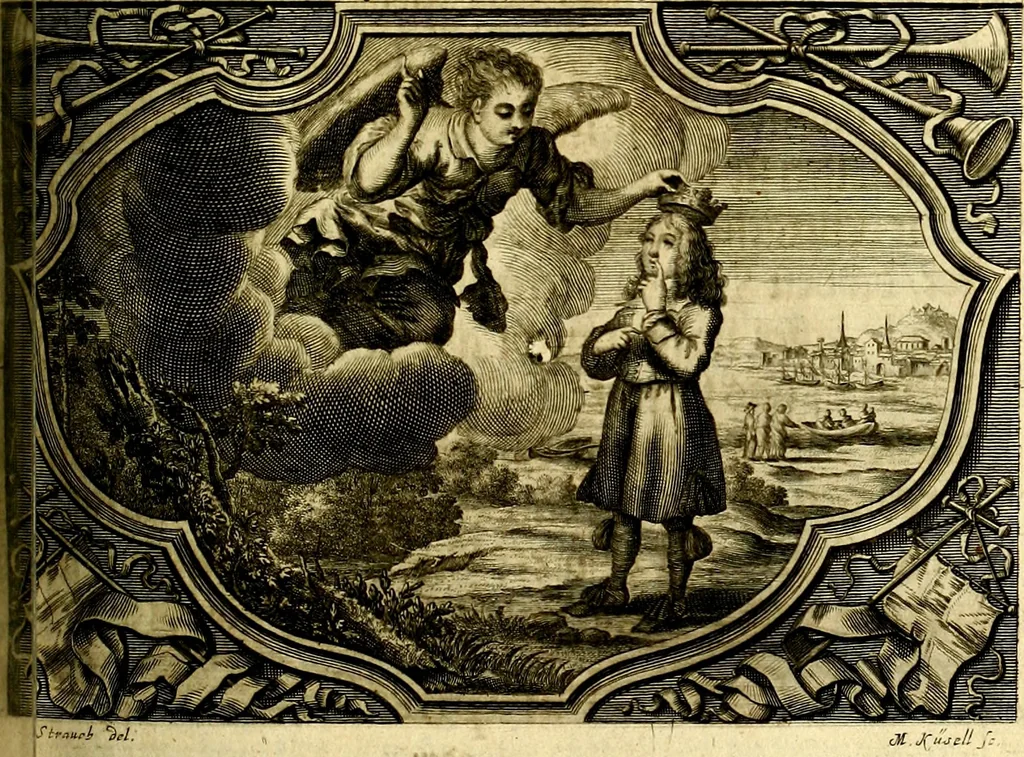 An illustration from Heilig-epistolischer Bericht, Licht, Geleit, und Freud. Das ist : Emblematische Fürstllung der heiligen Sonn- und festtäglichen Episteln; in welcher gründlicher Bericht von den rechten Wort-Verstand ertheilet, dem wahren Christenthum ein helles licht furgetragen, und ein sicheres Geleit mit beigefügten Gebeten und Gesängen zu der himmlischen Freude gezeiget wird, 1663, leaf 466