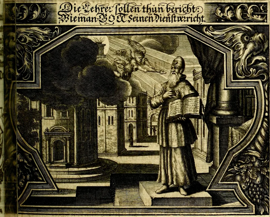 An illustration from Heilig-epistolischer Bericht, Licht, Geleit, und Freud. Das ist : Emblematische Fürstllung der heiligen Sonn- und festtäglichen Episteln; in welcher gründlicher Bericht von den rechten Wort-Verstand ertheilet, dem wahren Christenthum ein helles licht furgetragen, und ein sicheres Geleit mit beigefügten Gebeten und Gesängen zu der himmlischen Freude gezeiget wird, 1663, leaf 472