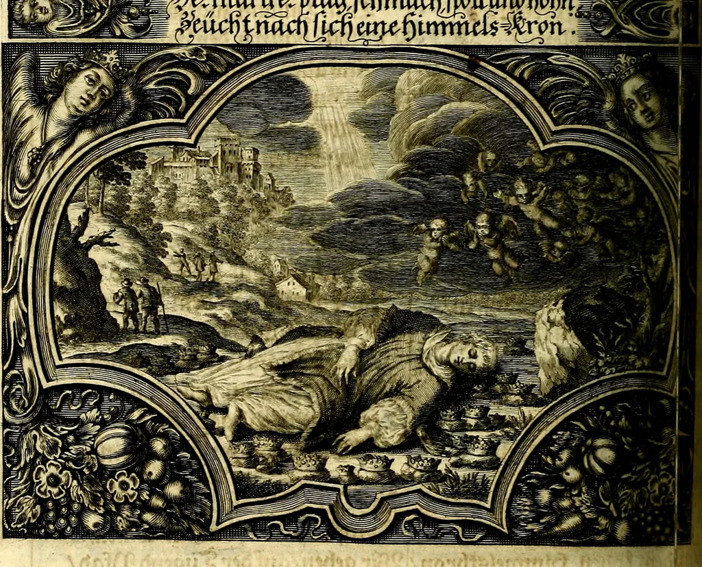 An illustration from Heilig-epistolischer Bericht, Licht, Geleit, und Freud. Das ist : Emblematische Fürstllung der heiligen Sonn- und festtäglichen Episteln; in welcher gründlicher Bericht von den rechten Wort-Verstand ertheilet, dem wahren Christenthum ein helles licht furgetragen, und ein sicheres Geleit mit beigefügten Gebeten und Gesängen zu der himmlischen Freude gezeiget wird, 1663, leaf 485