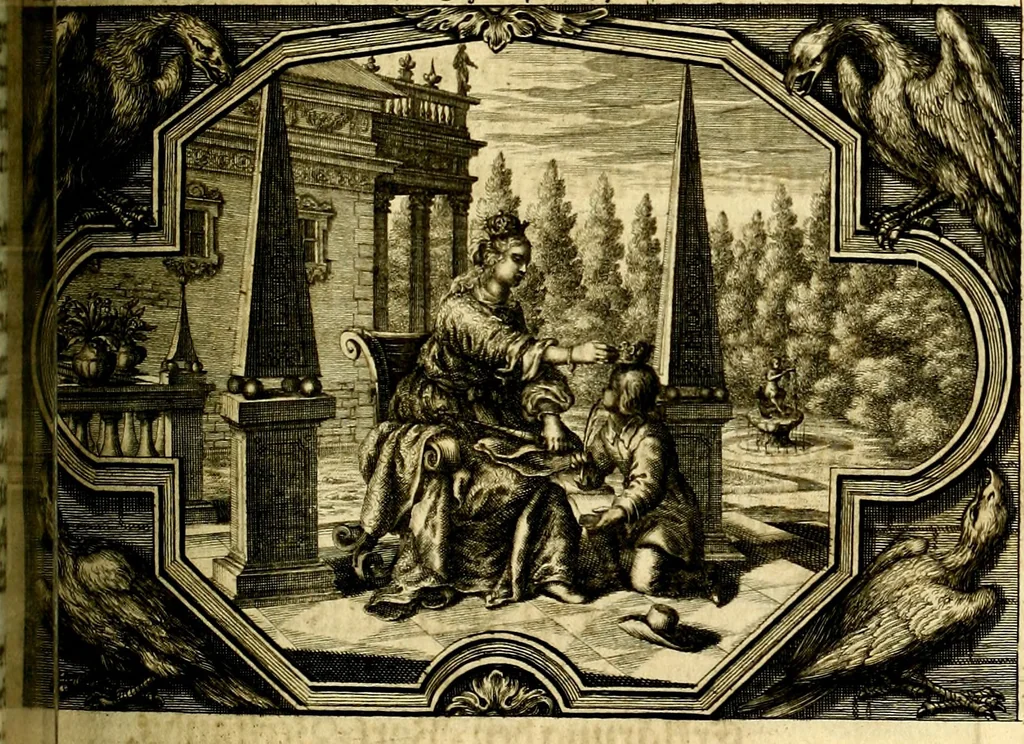 An illustration from Heilig-epistolischer Bericht, Licht, Geleit, und Freud. Das ist : Emblematische Fürstllung der heiligen Sonn- und festtäglichen Episteln; in welcher gründlicher Bericht von den rechten Wort-Verstand ertheilet, dem wahren Christenthum ein helles licht furgetragen, und ein sicheres Geleit mit beigefügten Gebeten und Gesängen zu der himmlischen Freude gezeiget wird, 1663, leaf 494