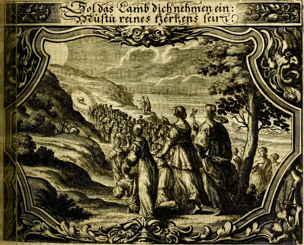 An illustration from Heilig-epistolischer Bericht, Licht, Geleit, und Freud. Das ist : Emblematische Fürstllung der heiligen Sonn- und festtäglichen Episteln; in welcher gründlicher Bericht von den rechten Wort-Verstand ertheilet, dem wahren Christenthum ein helles licht furgetragen, und ein sicheres Geleit mit beigefügten Gebeten und Gesängen zu der himmlischen Freude gezeiget wird, 1663, leaf 502