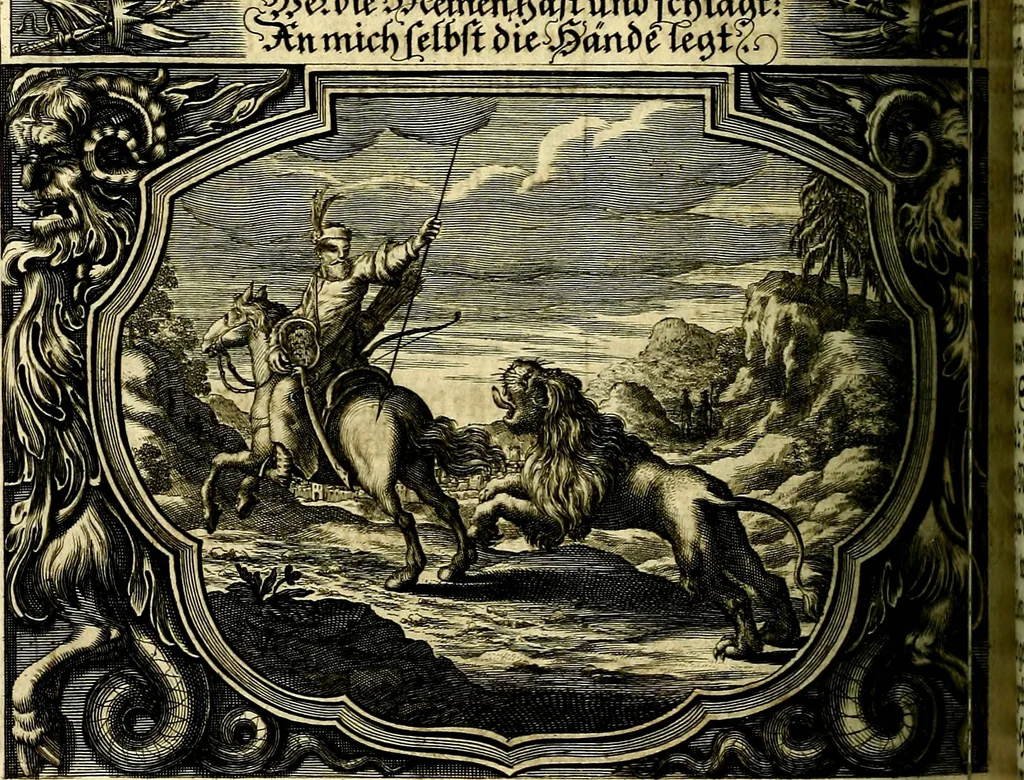 An illustration from Heilig-epistolischer Bericht, Licht, Geleit, und Freud. Das ist : Emblematische Fürstllung der heiligen Sonn- und festtäglichen Episteln; in welcher gründlicher Bericht von den rechten Wort-Verstand ertheilet, dem wahren Christenthum ein helles licht furgetragen, und ein sicheres Geleit mit beigefügten Gebeten und Gesängen zu der himmlischen Freude gezeiget wird, 1663, leaf 513