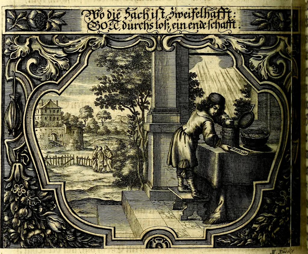 An illustration from Heilig-epistolischer Bericht, Licht, Geleit, und Freud. Das ist : Emblematische Fürstllung der heiligen Sonn- und festtäglichen Episteln; in welcher gründlicher Bericht von den rechten Wort-Verstand ertheilet, dem wahren Christenthum ein helles licht furgetragen, und ein sicheres Geleit mit beigefügten Gebeten und Gesängen zu der himmlischen Freude gezeiget wird, 1663, leaf 525