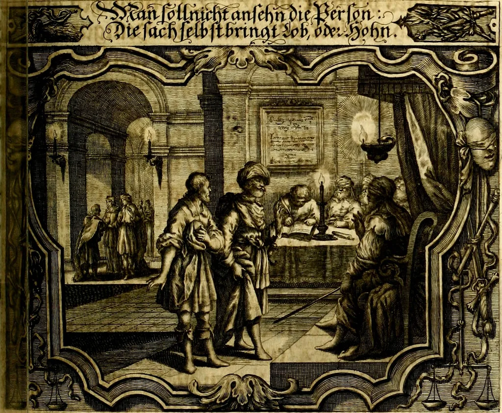 An illustration from Heilig-epistolischer Bericht, Licht, Geleit, und Freud. Das ist : Emblematische Fürstllung der heiligen Sonn- und festtäglichen Episteln; in welcher gründlicher Bericht von den rechten Wort-Verstand ertheilet, dem wahren Christenthum ein helles licht furgetragen, und ein sicheres Geleit mit beigefügten Gebeten und Gesängen zu der himmlischen Freude gezeiget wird, 1663, leaf 544