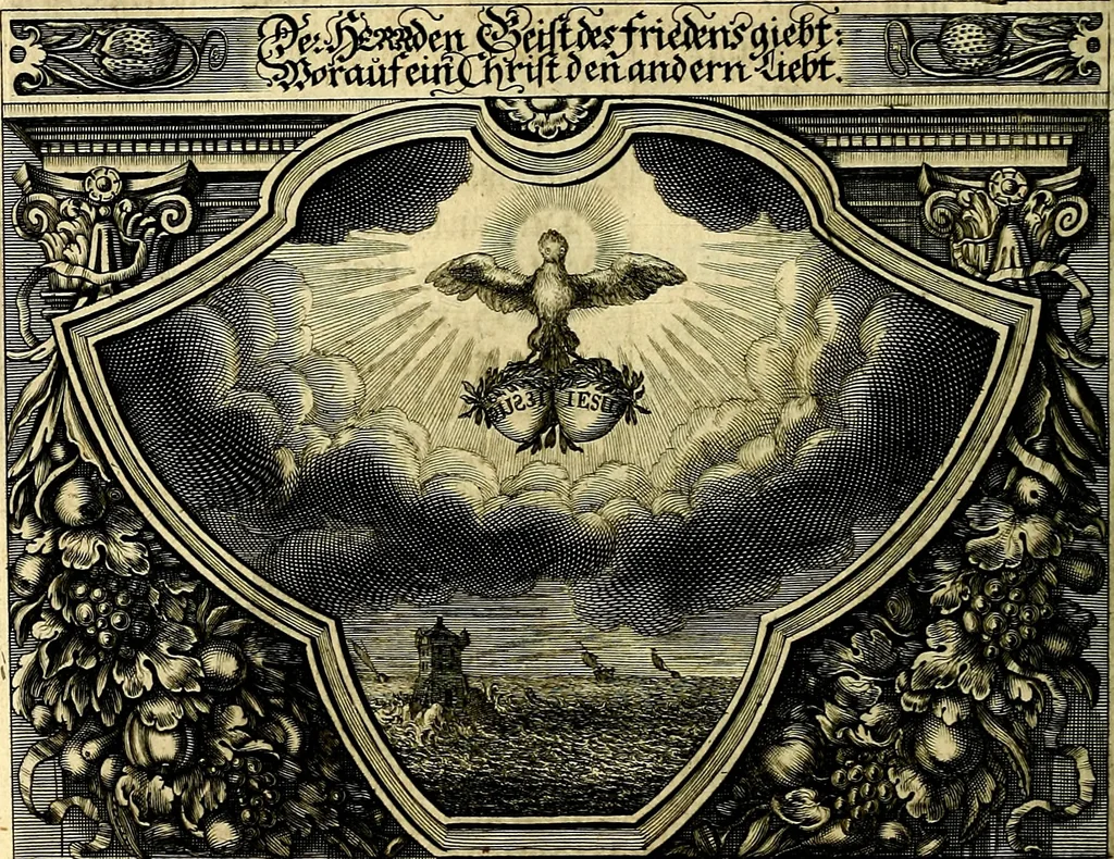 An illustration from Heilig-epistolischer Bericht, Licht, Geleit, und Freud. Das ist : Emblematische Fürstllung der heiligen Sonn- und festtäglichen Episteln; in welcher gründlicher Bericht von den rechten Wort-Verstand ertheilet, dem wahren Christenthum ein helles licht furgetragen, und ein sicheres Geleit mit beigefügten Gebeten und Gesängen zu der himmlischen Freude gezeiget wird, 1663, leaf 55