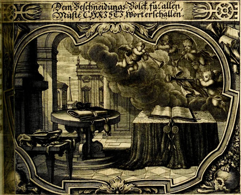 An illustration from Heilig-epistolischer Bericht, Licht, Geleit, und Freud. Das ist : Emblematische Fürstllung der heiligen Sonn- und festtäglichen Episteln; in welcher gründlicher Bericht von den rechten Wort-Verstand ertheilet, dem wahren Christenthum ein helles licht furgetragen, und ein sicheres Geleit mit beigefügten Gebeten und Gesängen zu der himmlischen Freude gezeiget wird, 1663, leaf 554