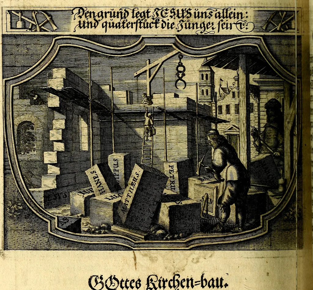 An illustration from Heilig-epistolischer Bericht, Licht, Geleit, und Freud. Das ist : Emblematische Fürstllung der heiligen Sonn- und festtäglichen Episteln; in welcher gründlicher Bericht von den rechten Wort-Verstand ertheilet, dem wahren Christenthum ein helles licht furgetragen, und ein sicheres Geleit mit beigefügten Gebeten und Gesängen zu der himmlischen Freude gezeiget wird, 1663, leaf 563