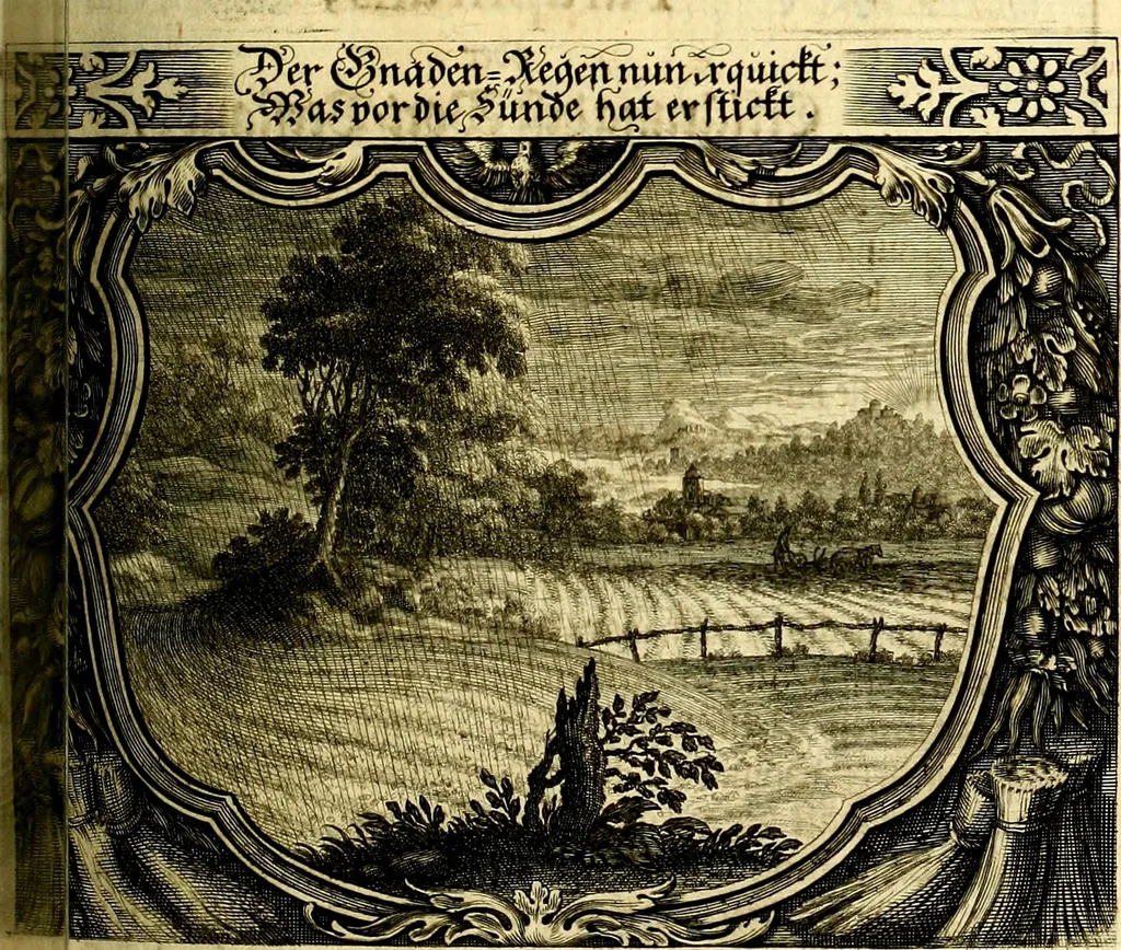 An illustration from Heilig-epistolischer Bericht, Licht, Geleit, und Freud. Das ist : Emblematische Fürstllung der heiligen Sonn- und festtäglichen Episteln; in welcher gründlicher Bericht von den rechten Wort-Verstand ertheilet, dem wahren Christenthum ein helles licht furgetragen, und ein sicheres Geleit mit beigefügten Gebeten und Gesängen zu der himmlischen Freude gezeiget wird, 1663, leaf 592
