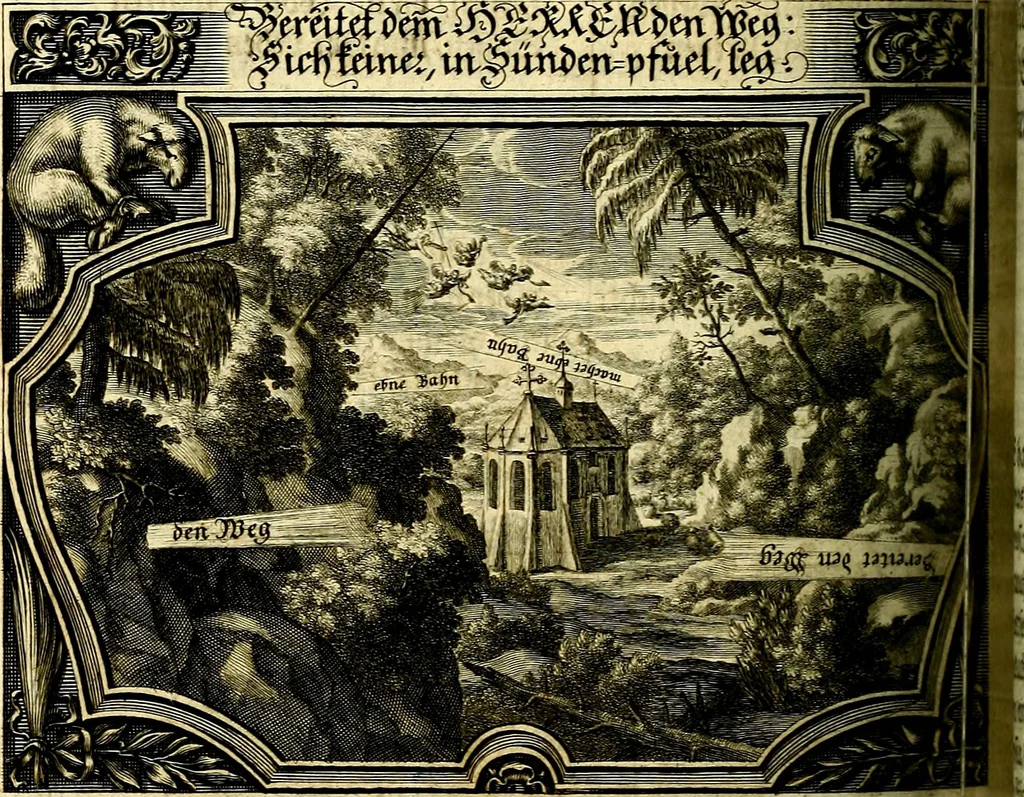 An illustration from Heilig-epistolischer Bericht, Licht, Geleit, und Freud. Das ist : Emblematische Fürstllung der heiligen Sonn- und festtäglichen Episteln; in welcher gründlicher Bericht von den rechten Wort-Verstand ertheilet, dem wahren Christenthum ein helles licht furgetragen, und ein sicheres Geleit mit beigefügten Gebeten und Gesängen zu der himmlischen Freude gezeiget wird, 1663, leaf 599