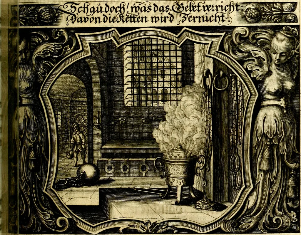 An illustration from Heilig-epistolischer Bericht, Licht, Geleit, und Freud. Das ist : Emblematische Fürstllung der heiligen Sonn- und festtäglichen Episteln; in welcher gründlicher Bericht von den rechten Wort-Verstand ertheilet, dem wahren Christenthum ein helles licht furgetragen, und ein sicheres Geleit mit beigefügten Gebeten und Gesängen zu der himmlischen Freude gezeiget wird, 1663, leaf 608