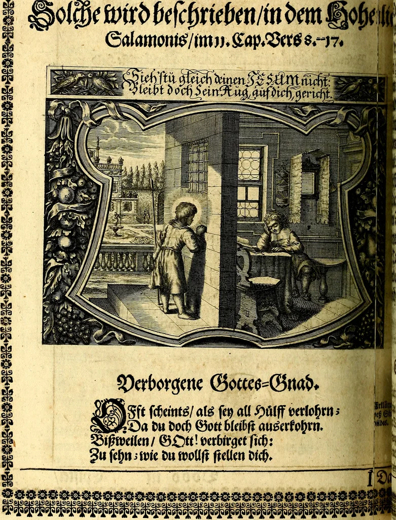 An illustration from Heilig-epistolischer Bericht, Licht, Geleit, und Freud. Das ist : Emblematische Fürstllung der heiligen Sonn- und festtäglichen Episteln; in welcher gründlicher Bericht von den rechten Wort-Verstand ertheilet, dem wahren Christenthum ein helles licht furgetragen, und ein sicheres Geleit mit beigefügten Gebeten und Gesängen zu der himmlischen Freude gezeiget wird, 1663, leaf 619
