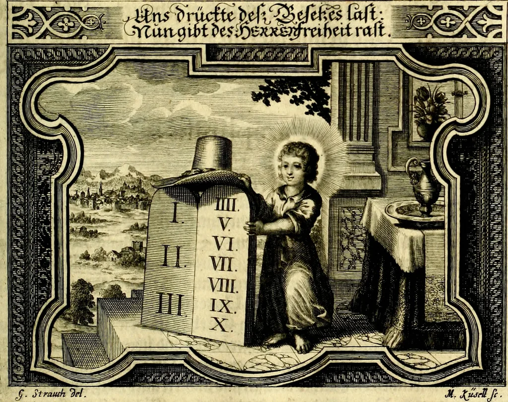 An illustration from Heilig-epistolischer Bericht, Licht, Geleit, und Freud. Das ist : Emblematische Fürstllung der heiligen Sonn- und festtäglichen Episteln; in welcher gründlicher Bericht von den rechten Wort-Verstand ertheilet, dem wahren Christenthum ein helles licht furgetragen, und ein sicheres Geleit mit beigefügten Gebeten und Gesängen zu der himmlischen Freude gezeiget wird, 1663, leaf 64