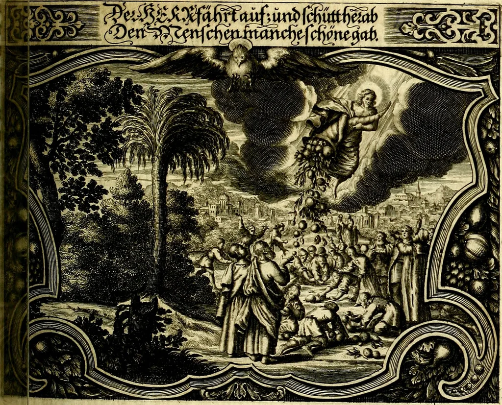 An illustration from Heilig-epistolischer Bericht, Licht, Geleit, und Freud. Das ist : Emblematische Fürstllung der heiligen Sonn- und festtäglichen Episteln; in welcher gründlicher Bericht von den rechten Wort-Verstand ertheilet, dem wahren Christenthum ein helles licht furgetragen, und ein sicheres Geleit mit beigefügten Gebeten und Gesängen zu der himmlischen Freude gezeiget wird, 1663, leaf 646