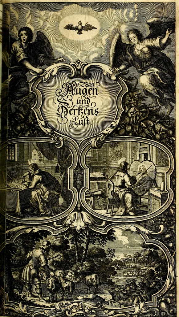 An illustration from Heilig-epistolischer Bericht, Licht, Geleit, und Freud. Das ist : Emblematische Fürstllung der heiligen Sonn- und festtäglichen Episteln; in welcher gründlicher Bericht von den rechten Wort-Verstand ertheilet, dem wahren Christenthum ein helles licht furgetragen, und ein sicheres Geleit mit beigefügten Gebeten und Gesängen zu der himmlischen Freude gezeiget wird, 1663, leaf 704