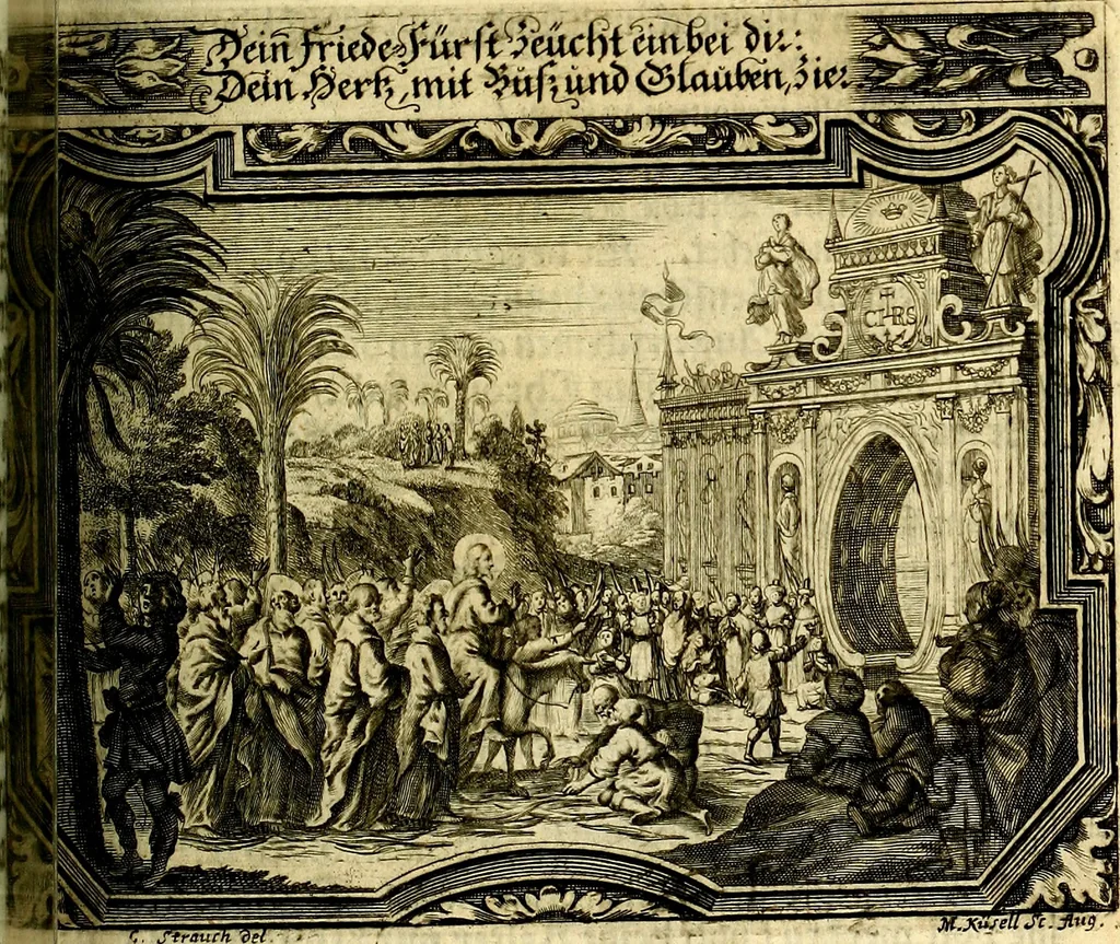 An illustration from Heilig-epistolischer Bericht, Licht, Geleit, und Freud. Das ist : Emblematische Fürstllung der heiligen Sonn- und festtäglichen Episteln; in welcher gründlicher Bericht von den rechten Wort-Verstand ertheilet, dem wahren Christenthum ein helles licht furgetragen, und ein sicheres Geleit mit beigefügten Gebeten und Gesängen zu der himmlischen Freude gezeiget wird, 1663, leaf 710
