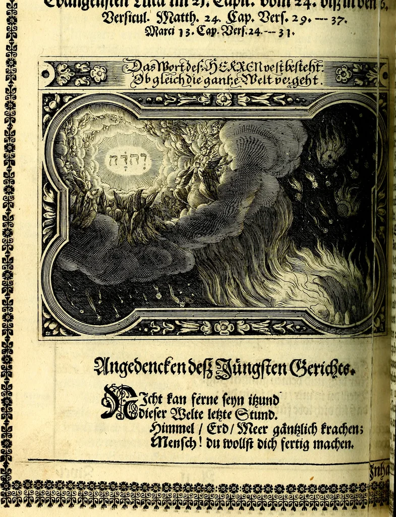 An illustration from Heilig-epistolischer Bericht, Licht, Geleit, und Freud. Das ist : Emblematische Fürstllung der heiligen Sonn- und festtäglichen Episteln; in welcher gründlicher Bericht von den rechten Wort-Verstand ertheilet, dem wahren Christenthum ein helles licht furgetragen, und ein sicheres Geleit mit beigefügten Gebeten und Gesängen zu der himmlischen Freude gezeiget wird, 1663, leaf 713