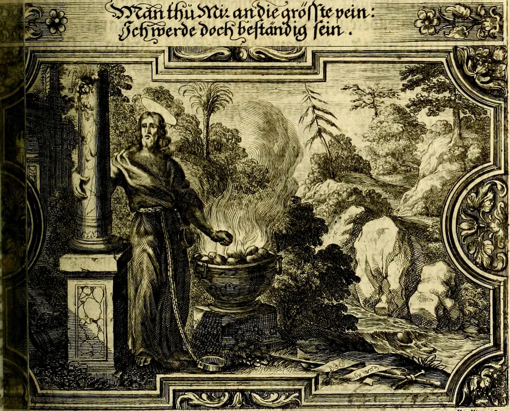 An illustration from Heilig-epistolischer Bericht, Licht, Geleit, und Freud. Das ist : Emblematische Fürstllung der heiligen Sonn- und festtäglichen Episteln; in welcher gründlicher Bericht von den rechten Wort-Verstand ertheilet, dem wahren Christenthum ein helles licht furgetragen, und ein sicheres Geleit mit beigefügten Gebeten und Gesängen zu der himmlischen Freude gezeiget wird, 1663, leaf 716