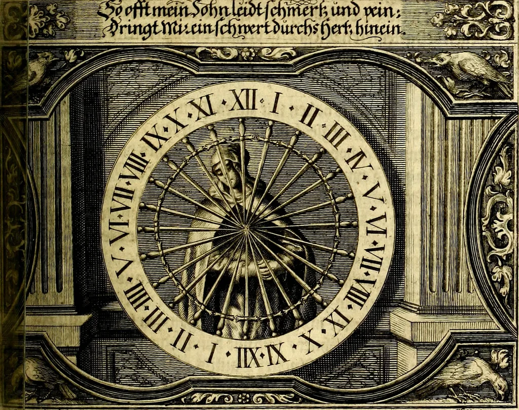 An illustration from Heilig-epistolischer Bericht, Licht, Geleit, und Freud. Das ist : Emblematische Fürstllung der heiligen Sonn- und festtäglichen Episteln; in welcher gründlicher Bericht von den rechten Wort-Verstand ertheilet, dem wahren Christenthum ein helles licht furgetragen, und ein sicheres Geleit mit beigefügten Gebeten und Gesängen zu der himmlischen Freude gezeiget wird, 1663, leaf 728
